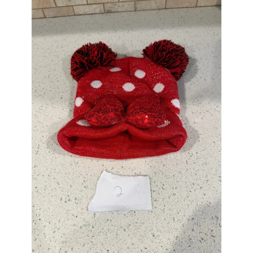 Disney Minnie Mouse 2025 Knit Beanie Red Sequin Bow Pom Pom Ears